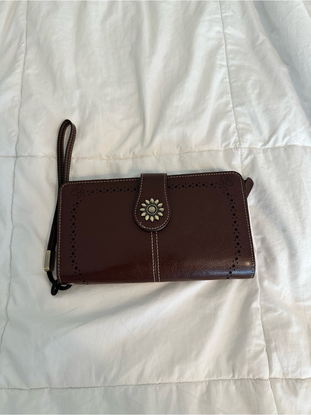 Chocolate Brown Wristlet Zip Around Wallet Floral Laser Cut Design